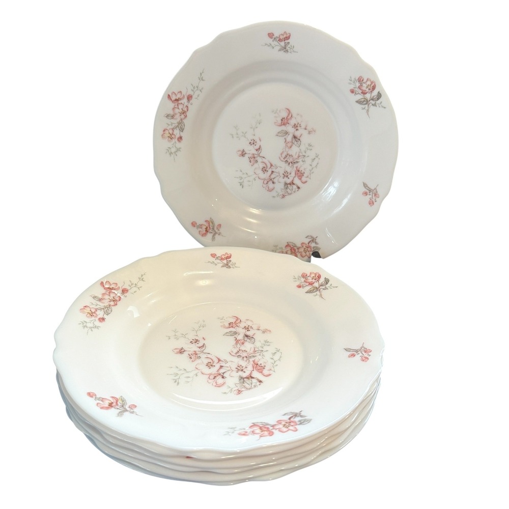 Arcopal France Florentine Pink Floral Scallop Pasta Bowls 9" 7 Milk Glass Vtg